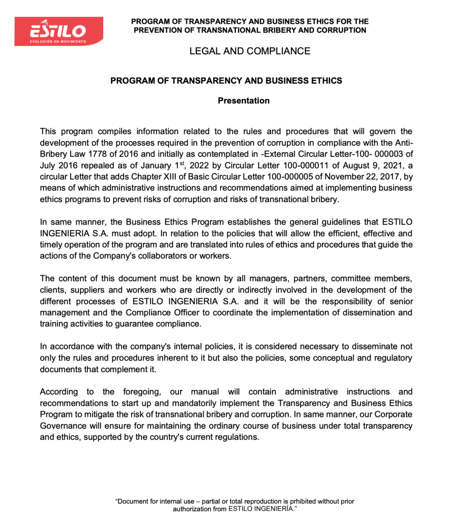 Program of transparecy and business ethics